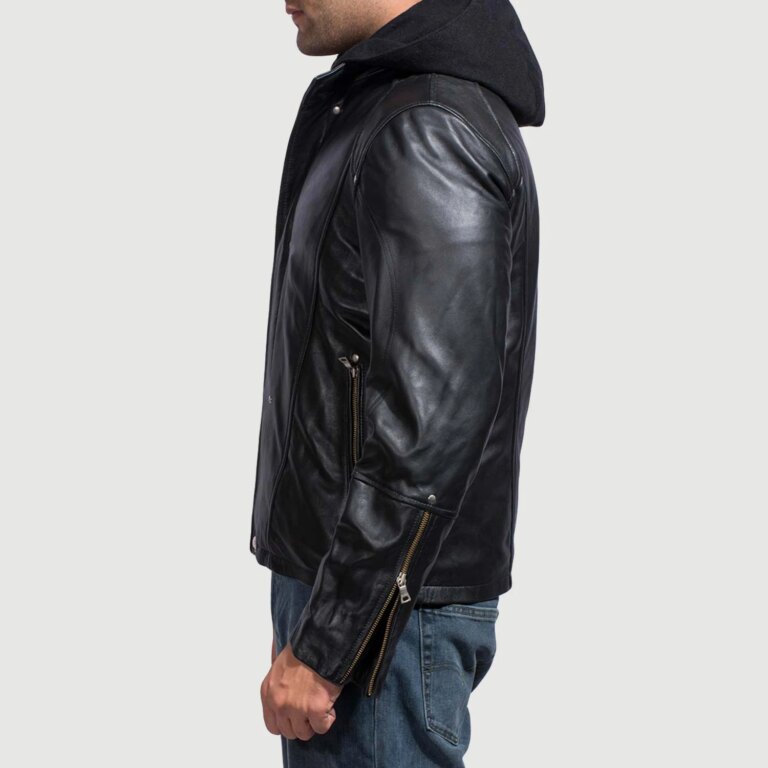 Mens Highschool Black Hooded Leather Jacket Side Pose-3-1718118364614